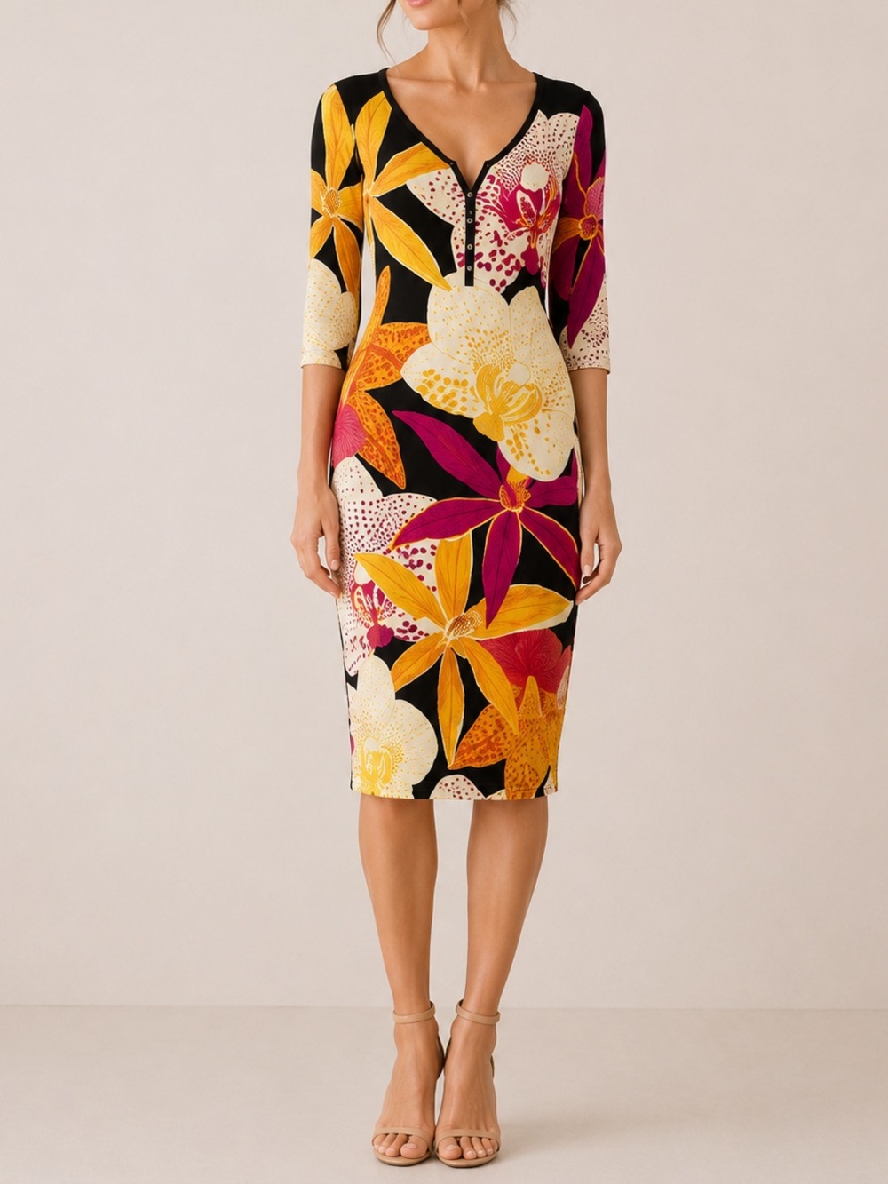 The Kit Bali Orchids Cotton Jersey Gisella Dress in Bamboo